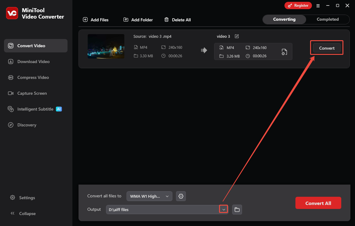 MiniTool Video Converter Convert Video tab with the Output option and the Convert button selected.