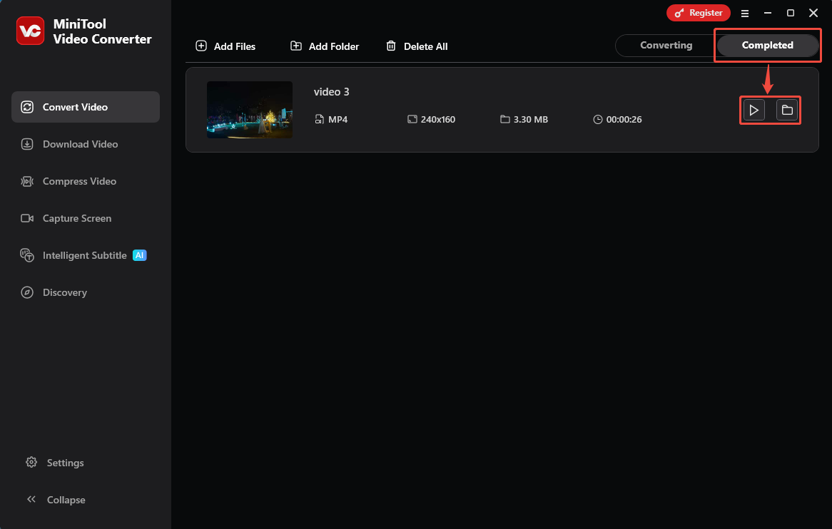 MiniTool Video Converter Convert Video tab with the Play icon and the Folder icon selected under the Completed tab.