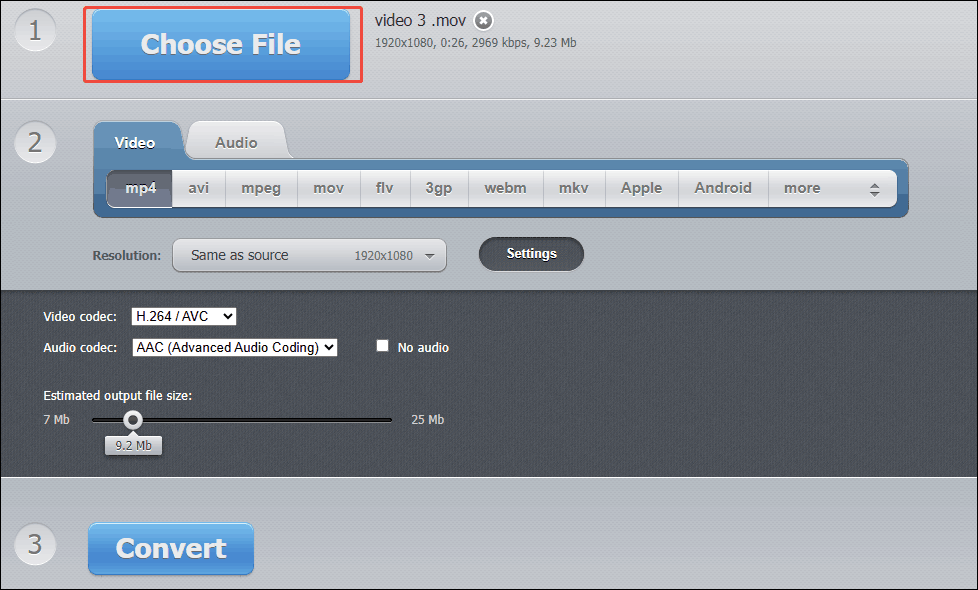 Online Video Converter interface with the Choose File option selected to upload the video you want to convert.