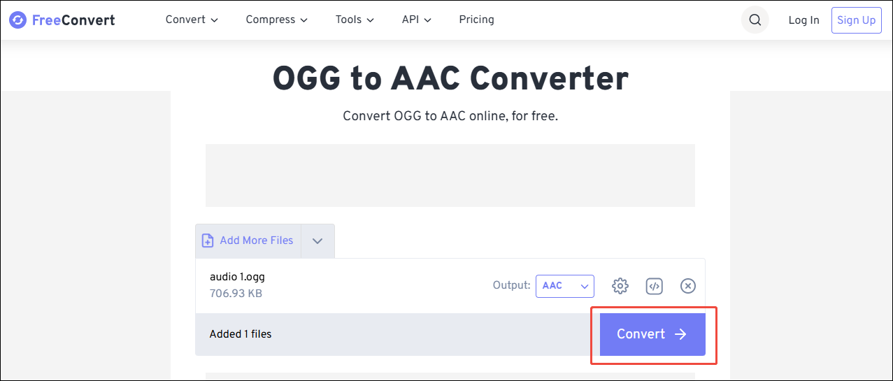FreeConvert interface with the Convert button selected.