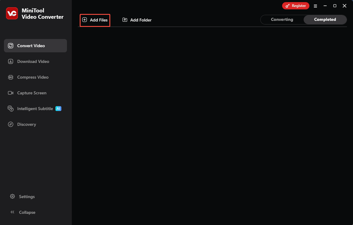 MiniTool Video Converter Convert Video tab with the Add Files option selected.