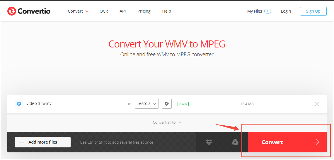 Convertio interface with the Convert button selected.