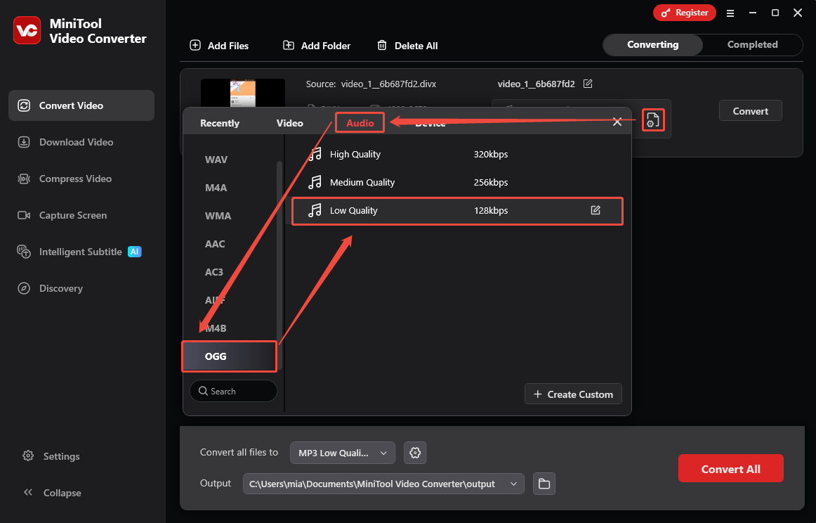 MiniTool Video Converter interface showing how to choose the output format.