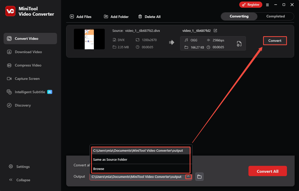 MiniTool Video Converter interface with the Output option expanded and the Convert option highlighted.