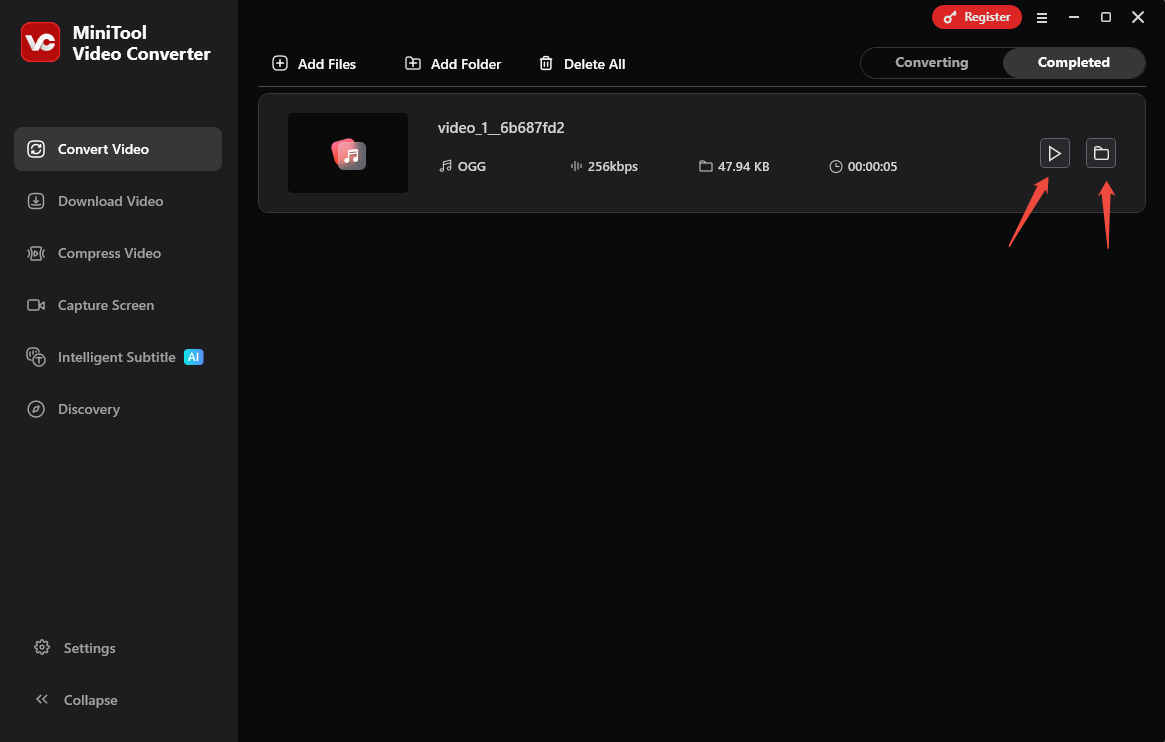MiniTool Video Converter’s Convert Video interface with the play icon and folder icon highlighted under the Completed tab.