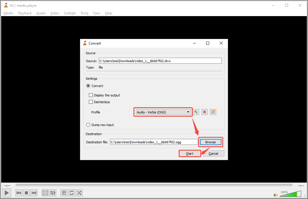 VLC Media Player’s Convert window showing how to set the output format and save location.