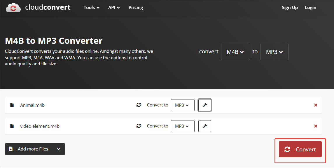 CloudConvert interface with the Convert button chosen.
