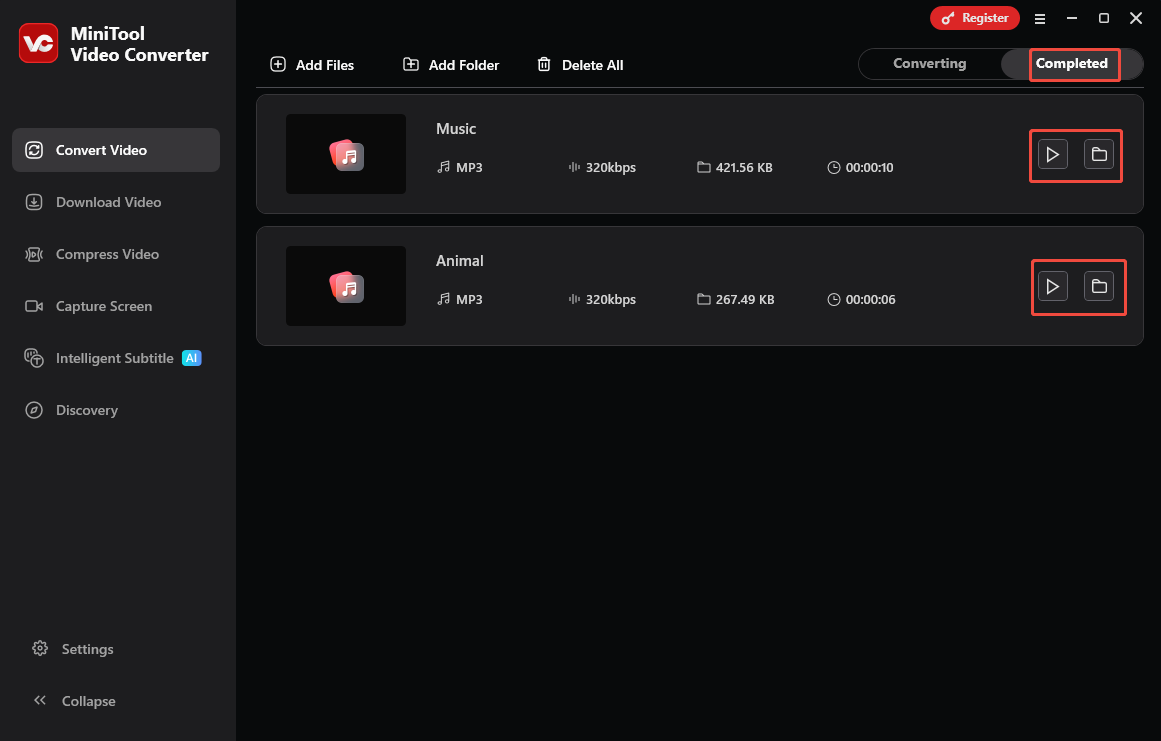 MiniTool Video Converter interface with the Play icon and the Folder icon selected.