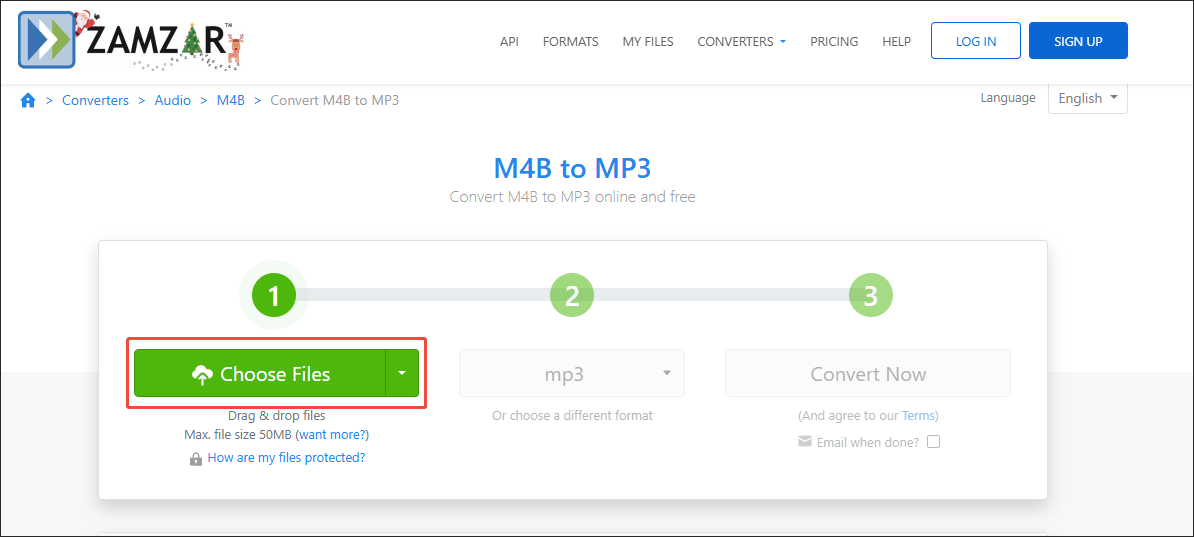 Zamzar interface with the Choose Files option chosen.