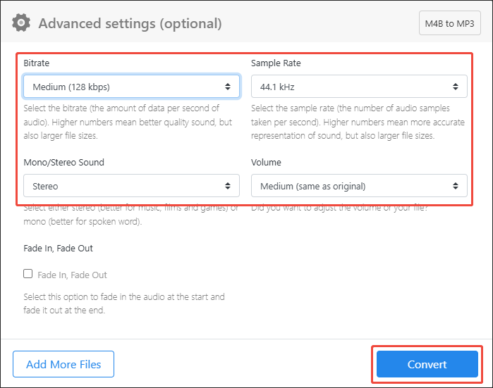 The Advanced settings window of Zamzar with the Convert button selected.