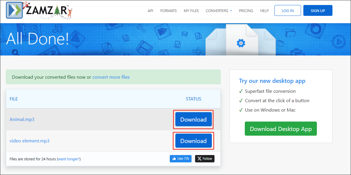 Zamzar interface with the Download button selected.