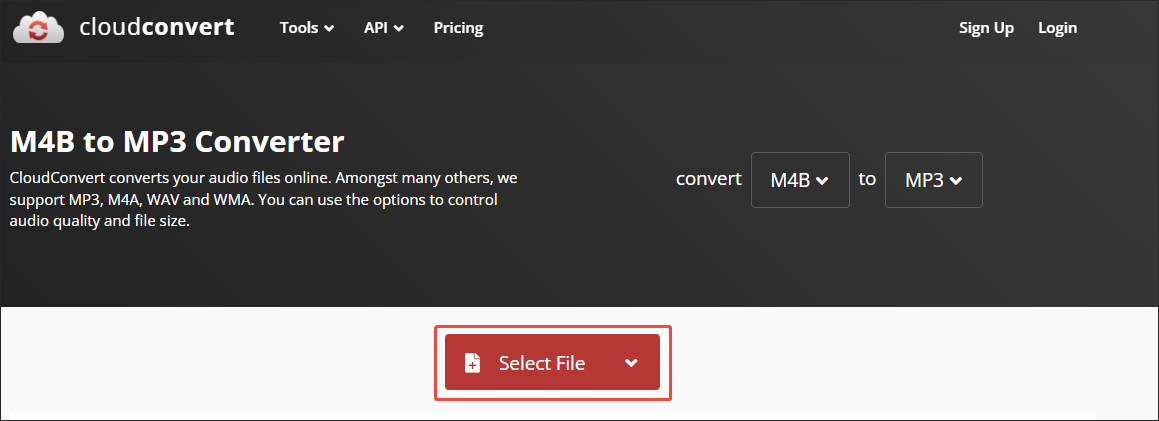 CloudConvert interface with the Select File button chosen.