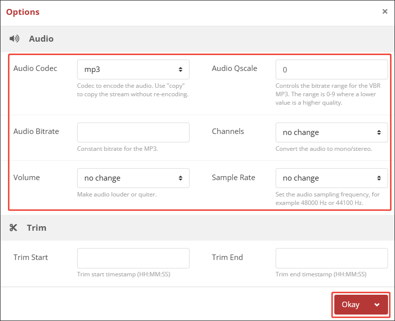 The Options window of CloudConvert.