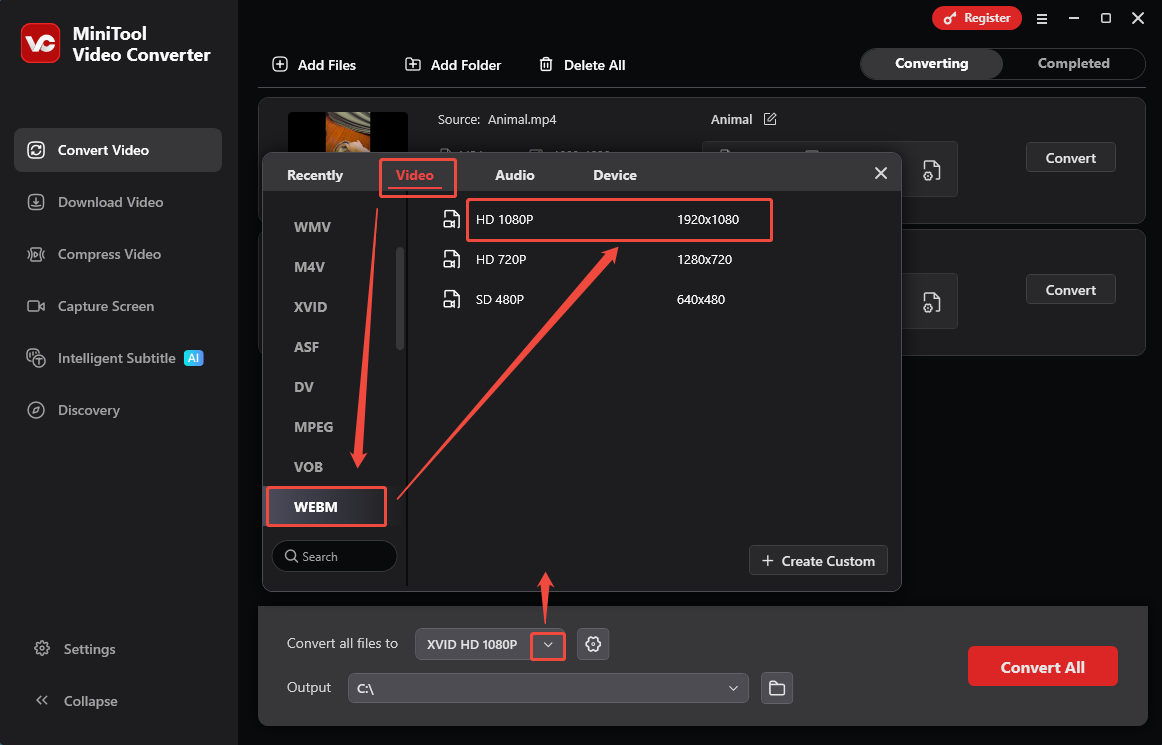MiniTool Video Converter interface that shows how to set WEBM HD 1080P as the output format