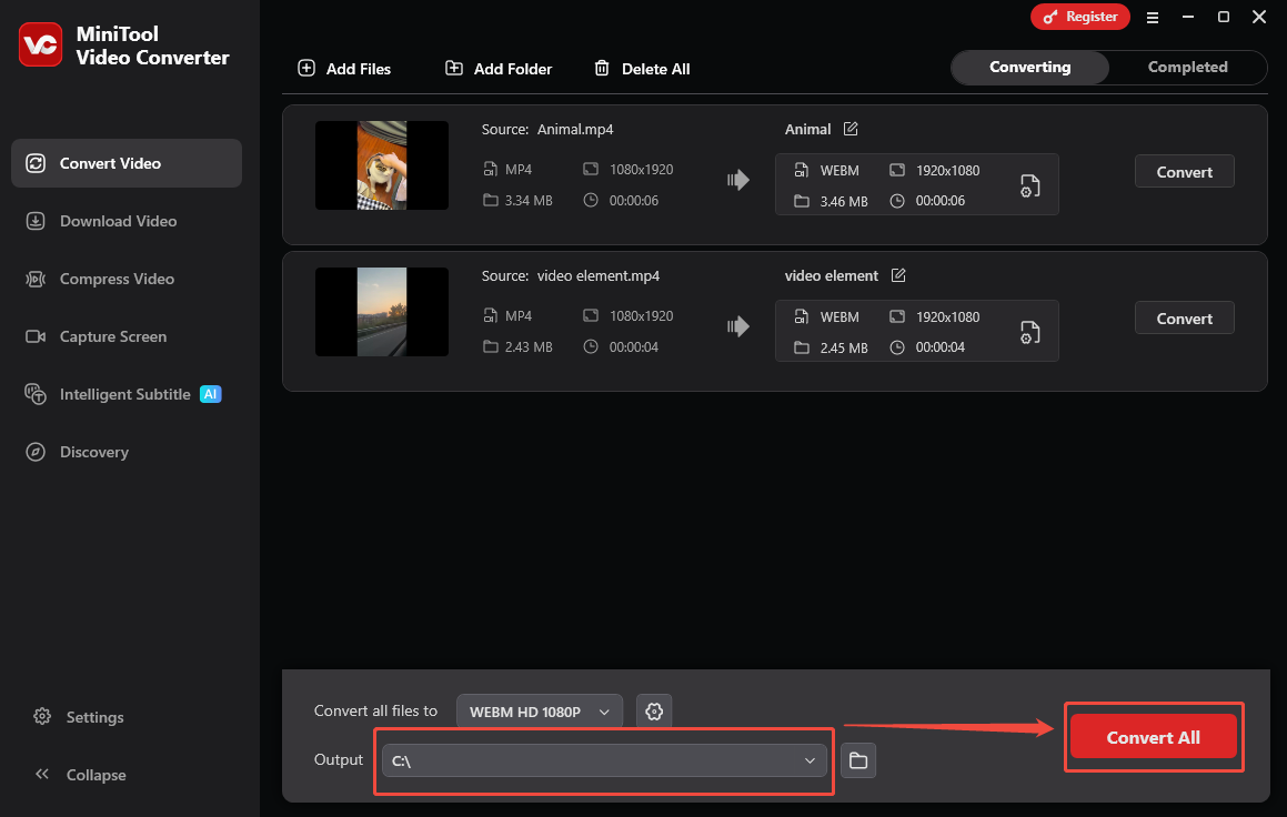 MiniTool Video Converter interface that shows you how to set an output folder and start the conversion process.