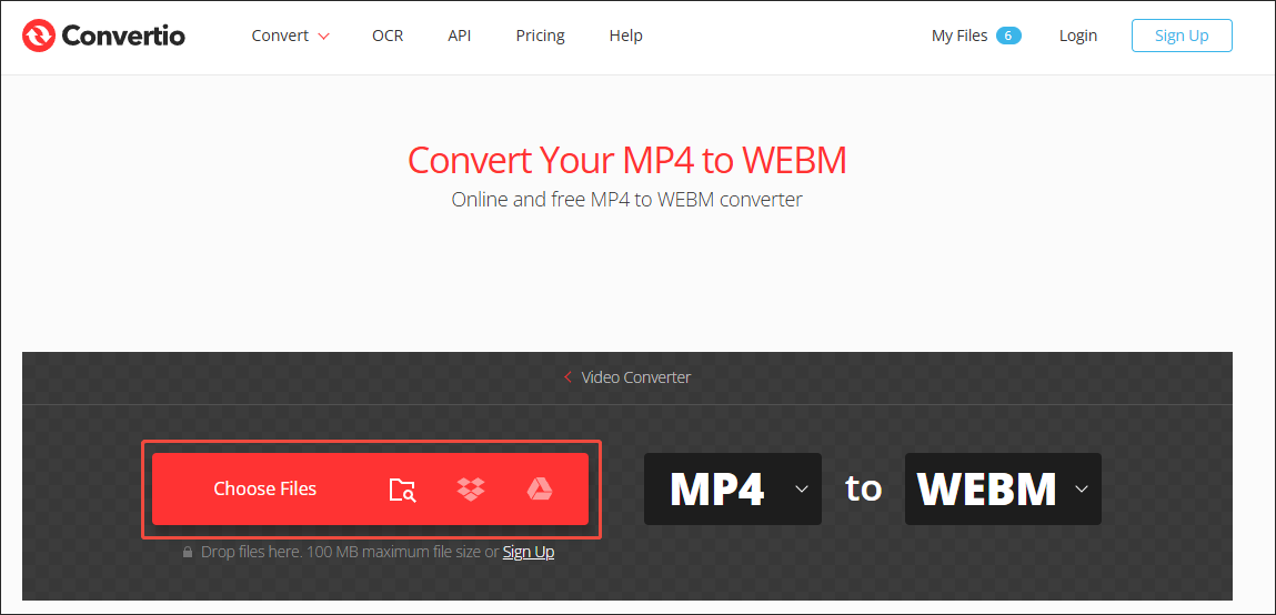 Convertio interface with the Choose Files option selected.
