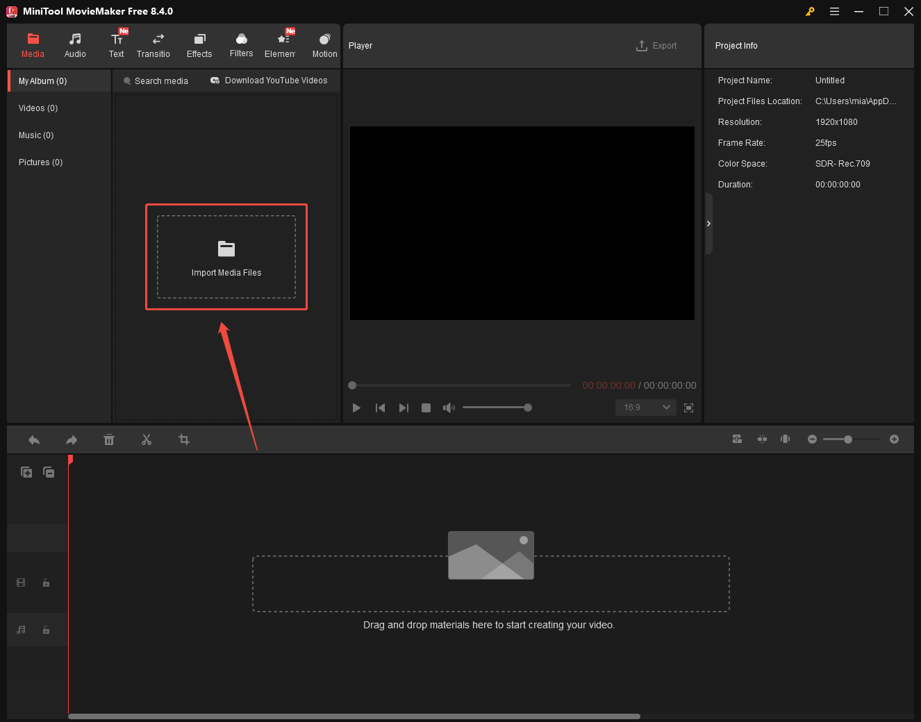 MiniTool MovieMaker interface with the Import Media Files option highlighted.