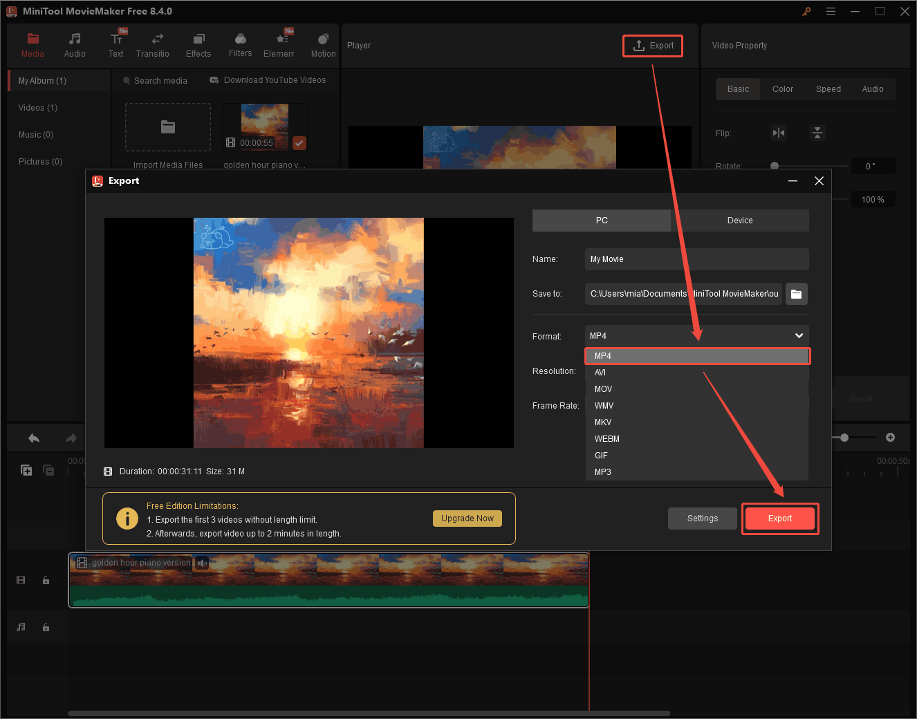 MiniTool MovieMaker interface showing how to choose the output format and export the video.