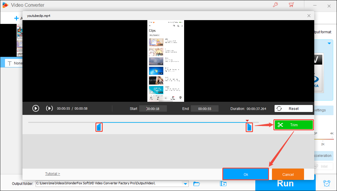 WonderFox HD Video Converter Pro interface showing how to trim the video.