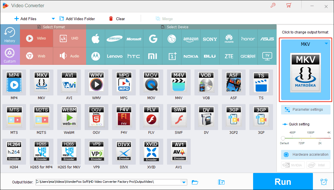 WonderFox HD Video Converter Pro interface with the output format option expanded.