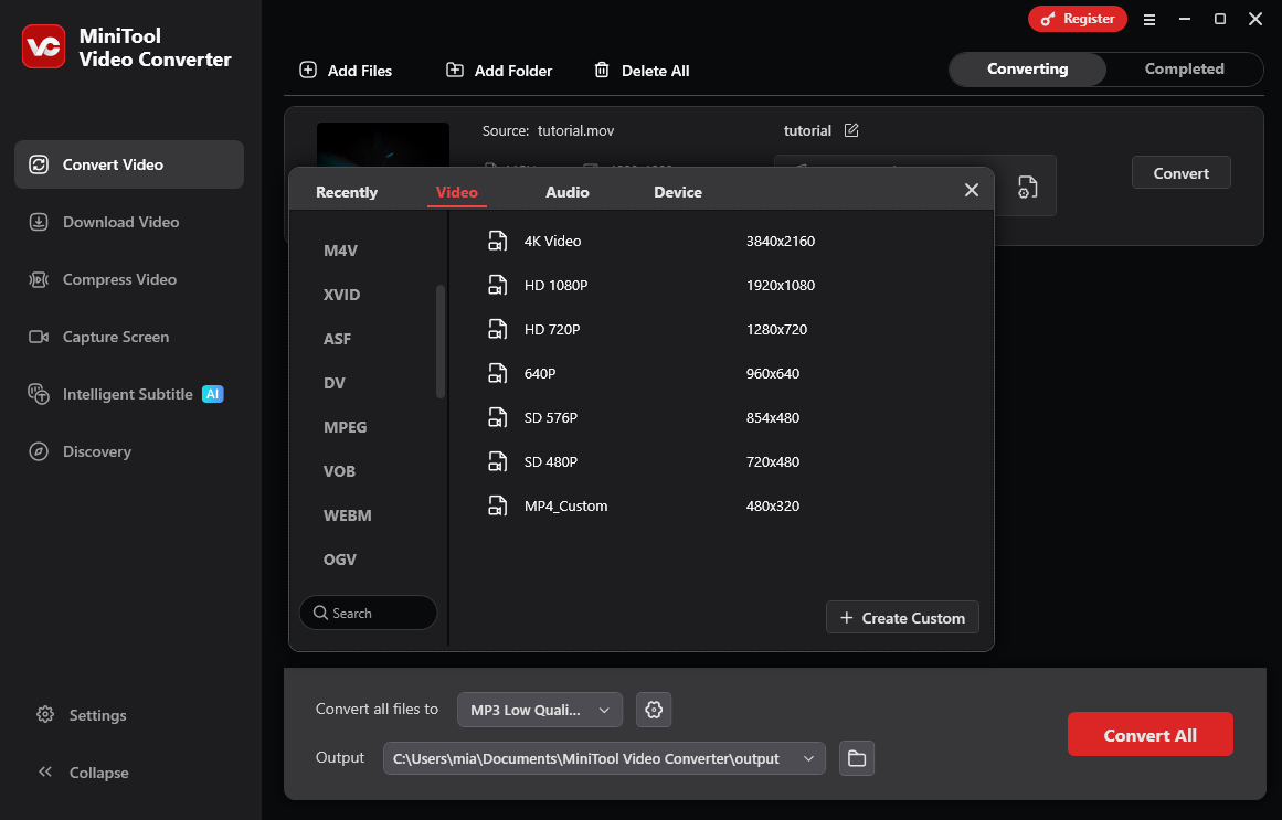 MiniTool Video Converter interface with the output format window.