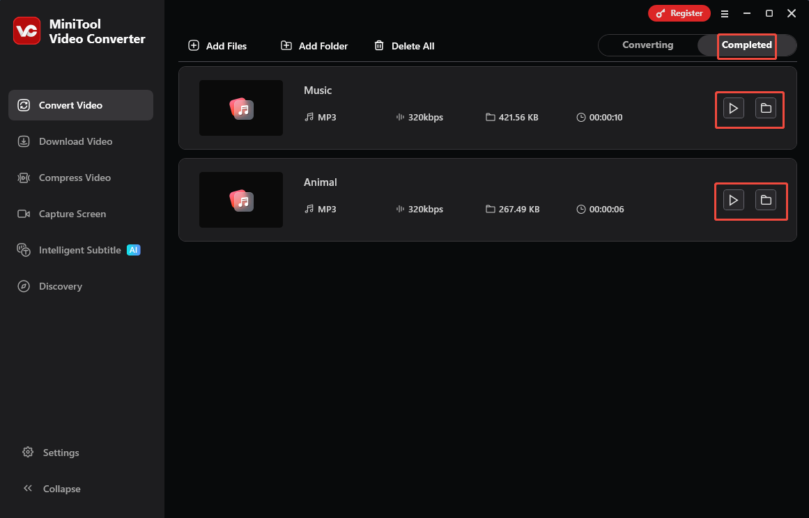 MiniTool Video Converter interface with the Play icon or Folder icon selected under the Completed tab.