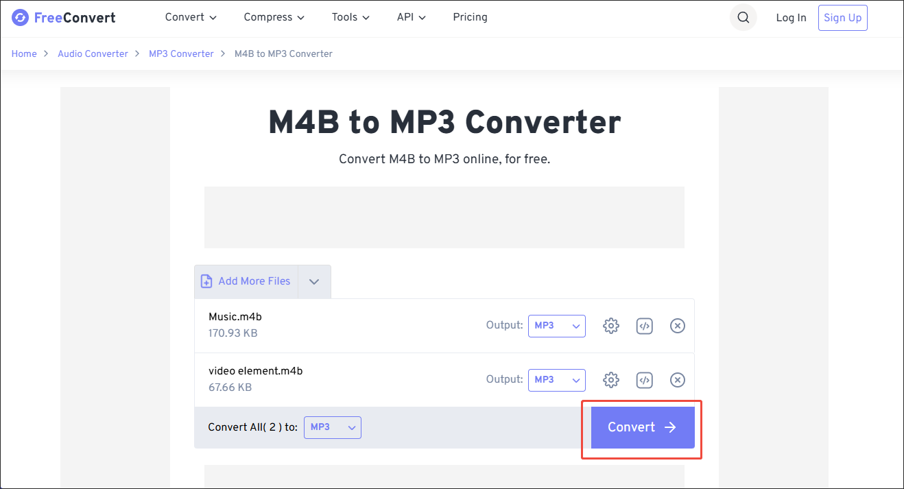 FreeConvert interface with the Convert button clicked.