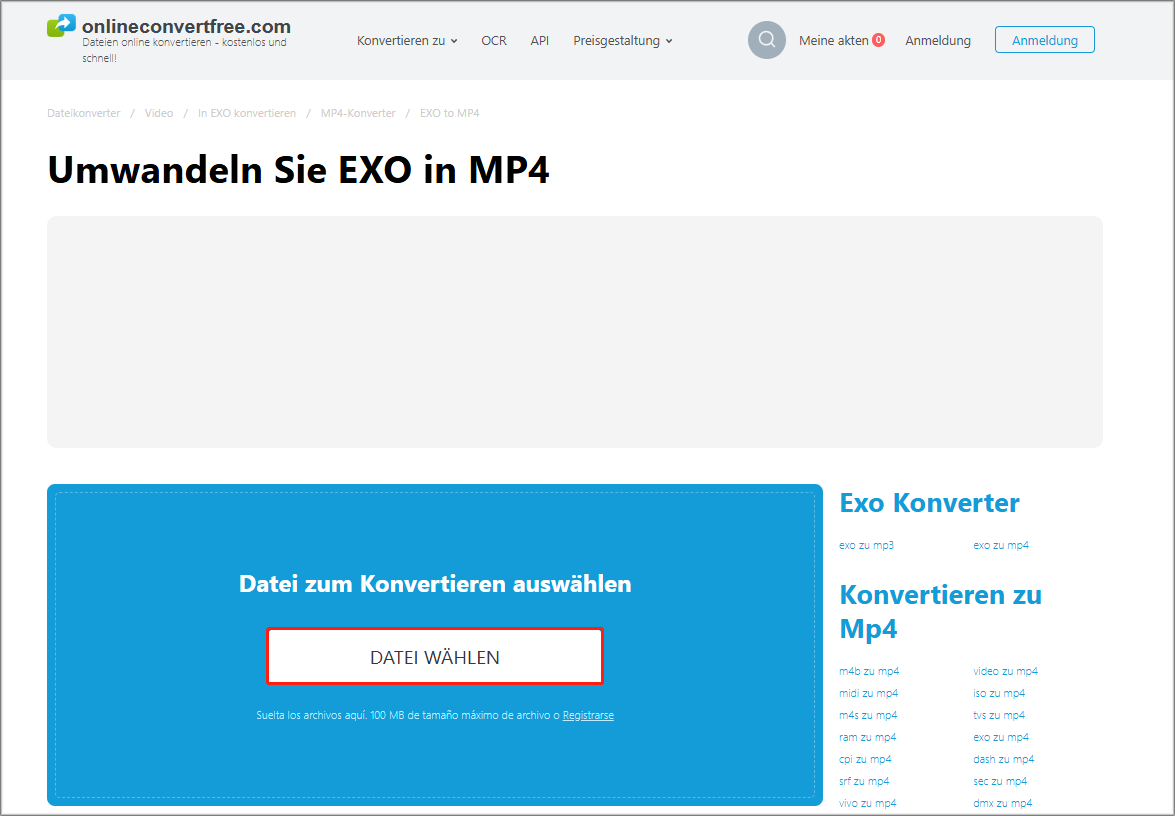 Markierung der Schaltfläche DATEI WÄHLEN bei OnlineConvertFree.