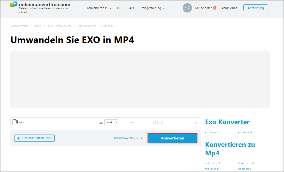 Markierung der Schaltfläche Konvertieren zum Start der Konvertierungsaufgabe mit OnlineConvertFree.