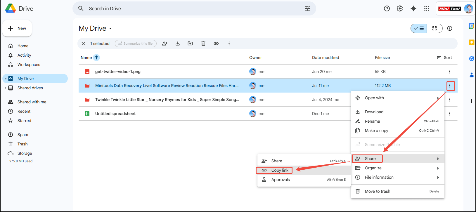 Click on the more icon, choose Share > Copy link in Google Drive
