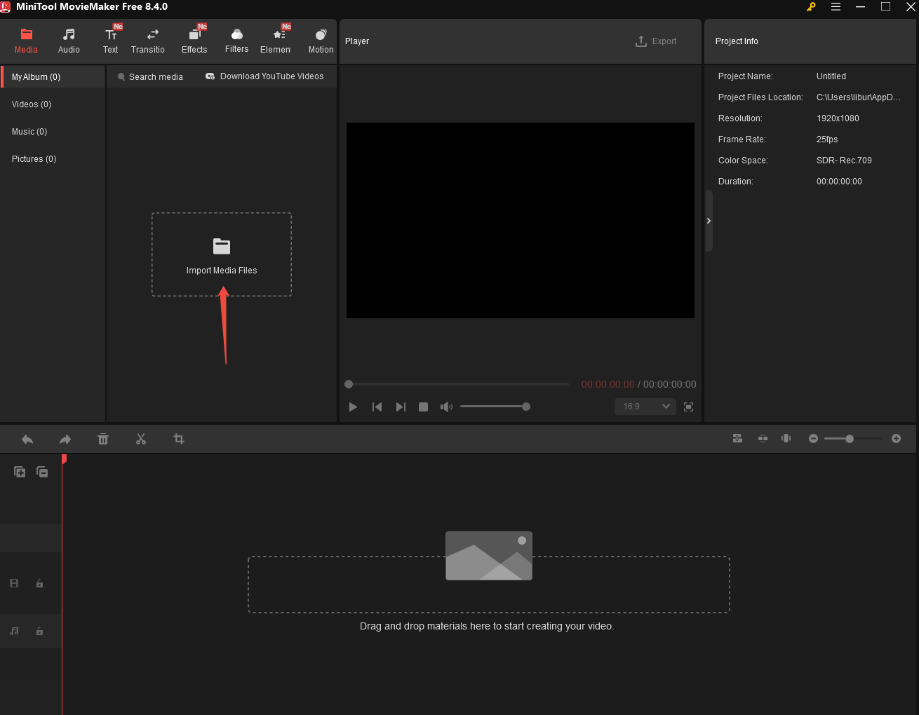 Click on Import Media Files to import the video to MiniTool MovieMaker