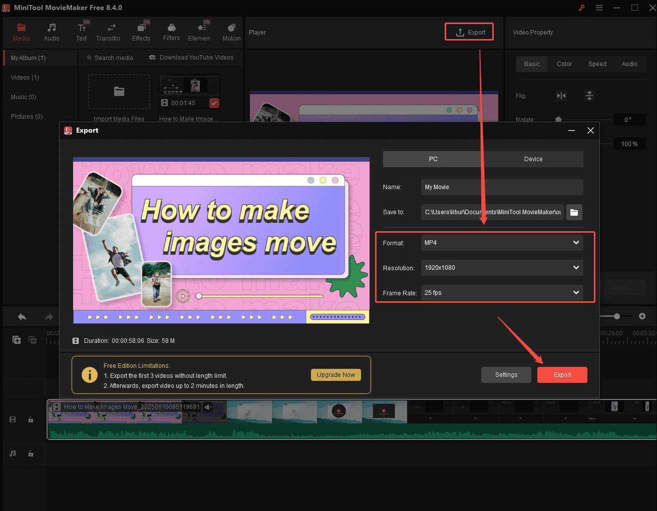Go to the Export window to specify the output format, resolution, and frame rate; then click on Export to export the compressed video in MiniTool MovieMaker