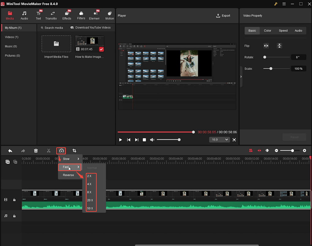 Expand the speed icon to choose a fast speed option on the timeline toolbar of MiniTool MovieMaker