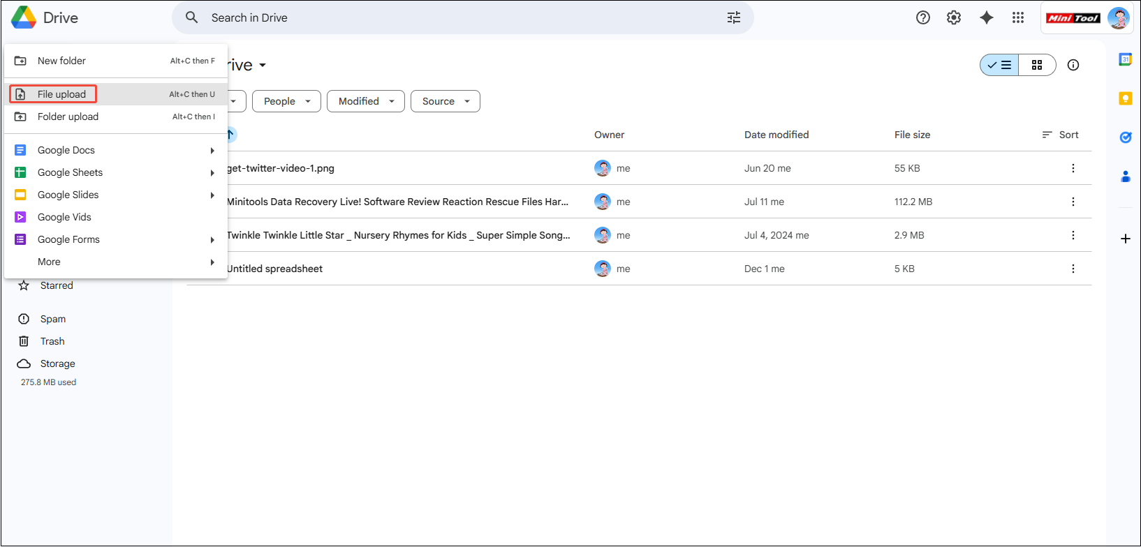 Click on + New > File upload to upload the video to Google Drive