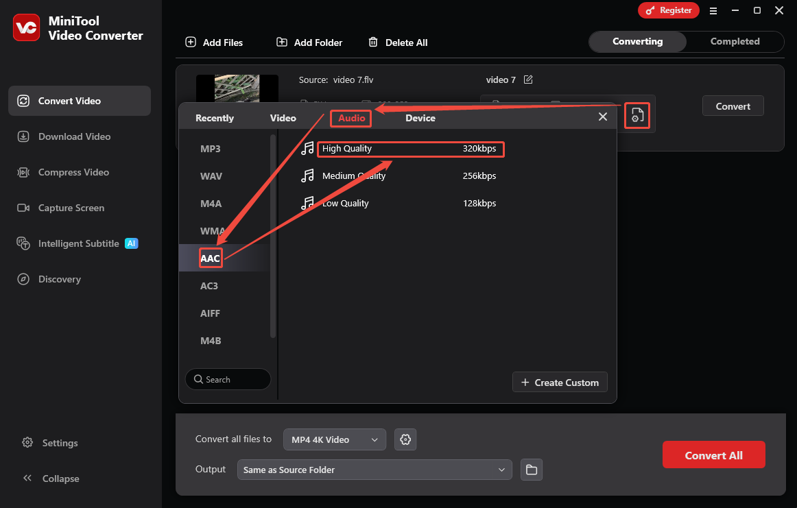 MiniTool Video Converter output format window showing how to open the AAC format settings window.