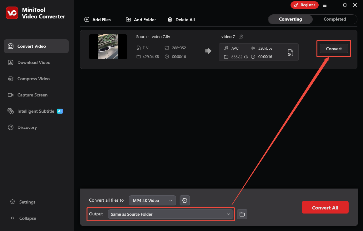 MiniTool Video Converter Convert Video tab with the Output option and the Convert button selected.