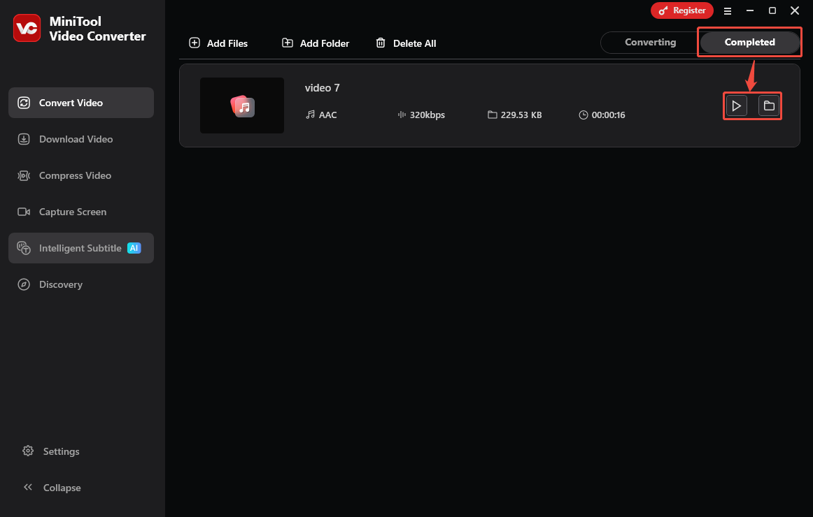 MiniTool Video Converter Convert Video tab with the Play icon and the Folder icon selected under the Completed tab.