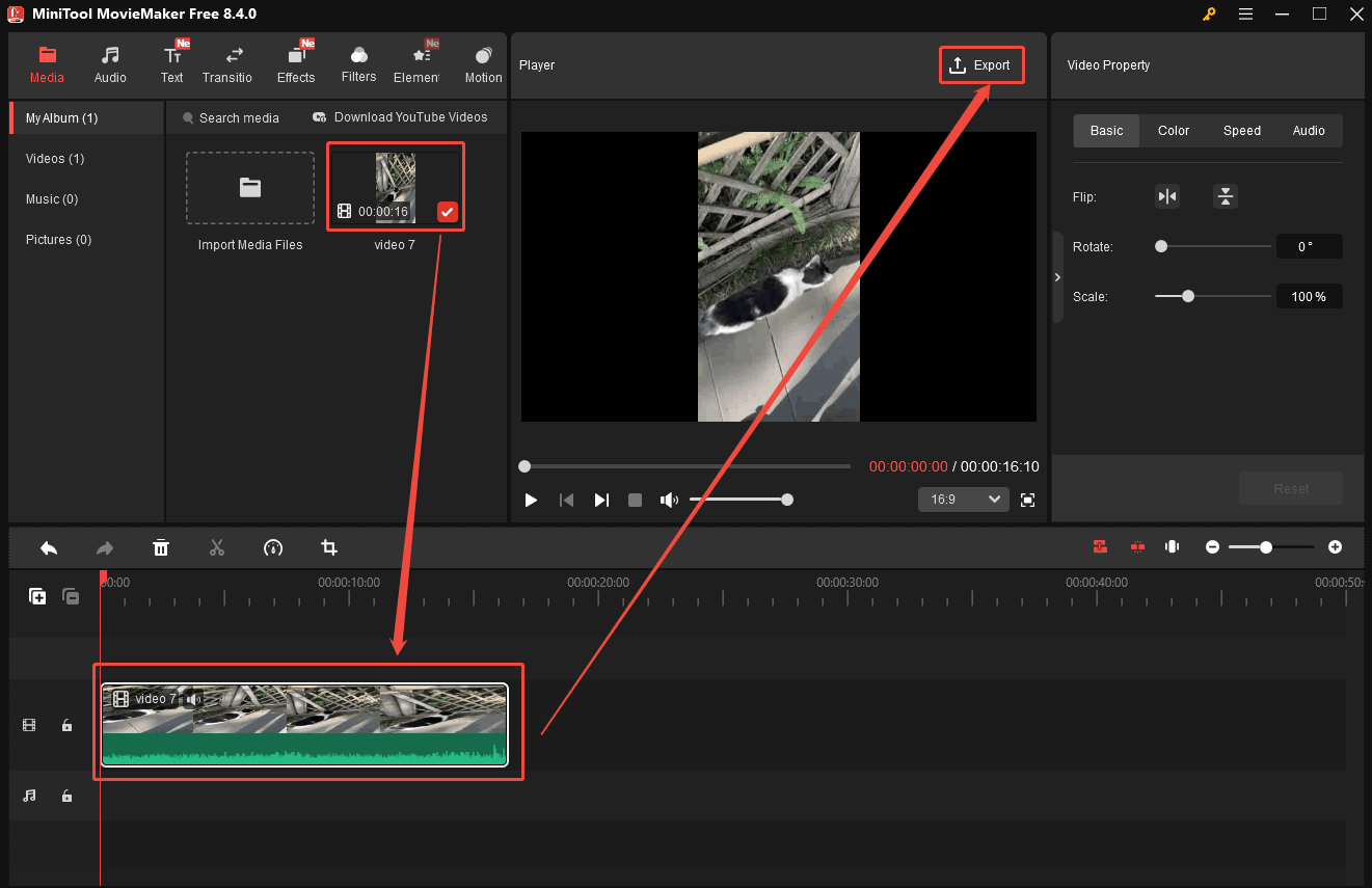MiniTool MovieMaker interface showing how to add an FLV video onto the timeline.