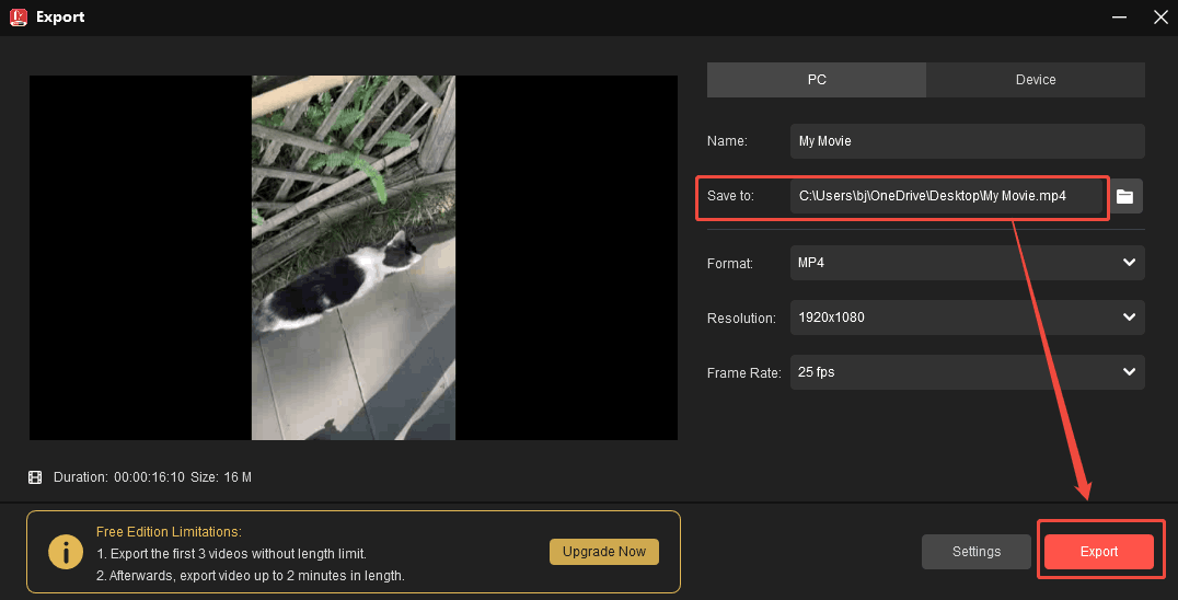 MiniTool MovieMaker Export window with the Save to option and the Export button selected.
