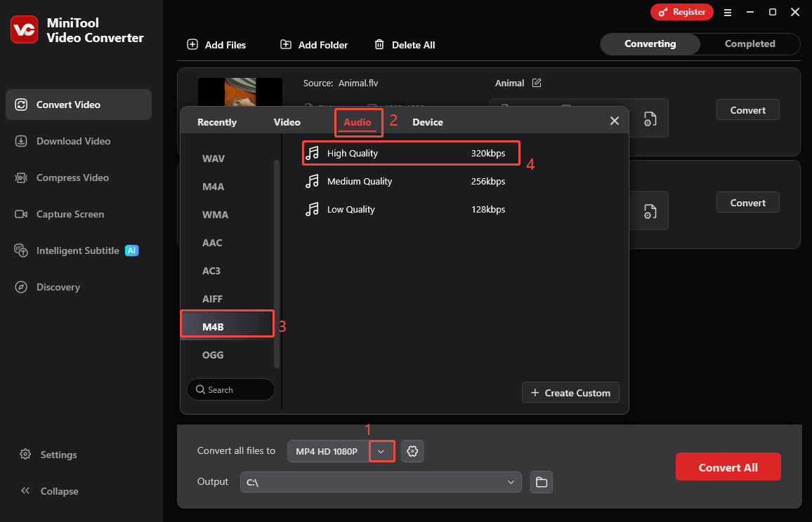 MiniTool Video Converter interface that shows how to set M4B High Quality as the output format