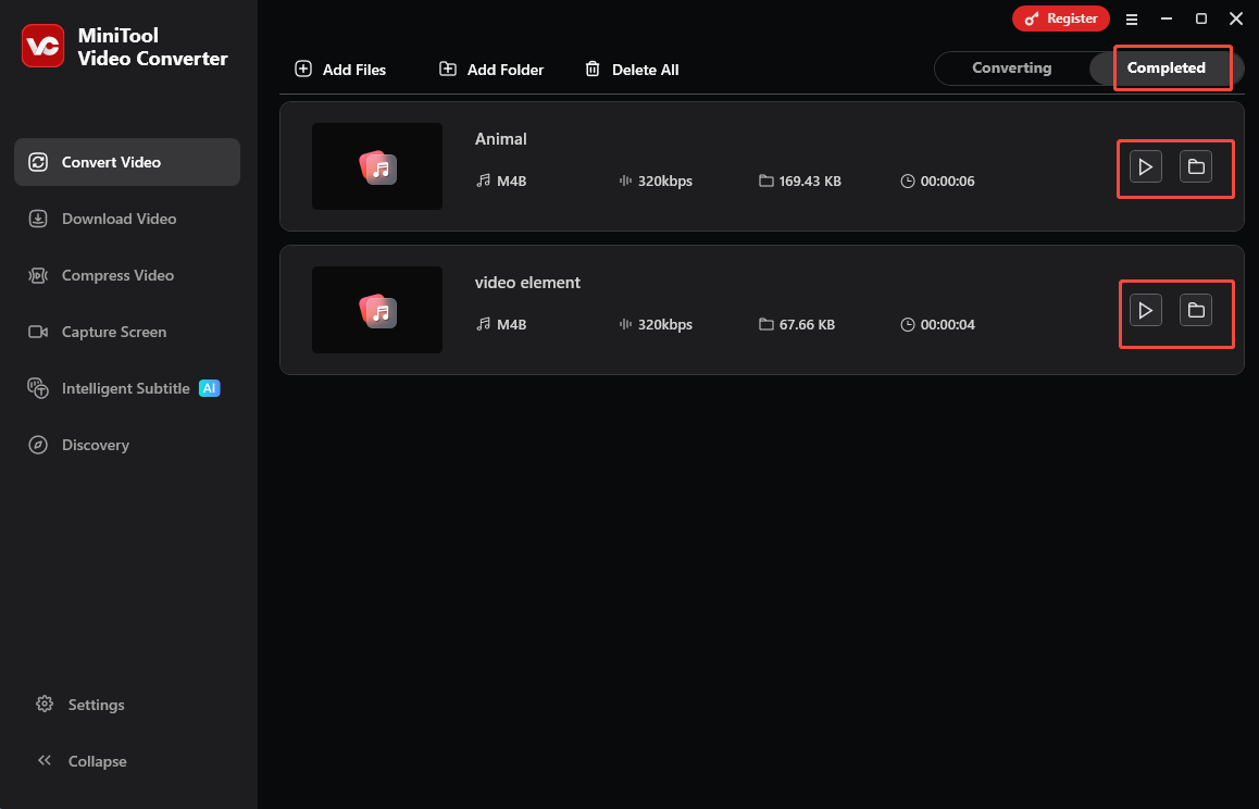 MiniTool Video Converter interface with the Play icon and the Folder icon selected