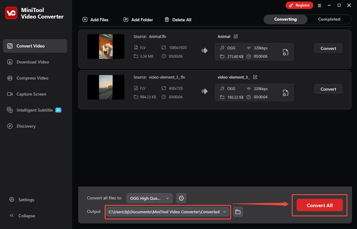 MiniTool Video Converter interface that shows how to set an output folder and start conversion