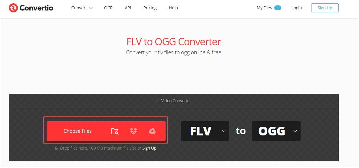 Convertio interface with the Choose Files option selected