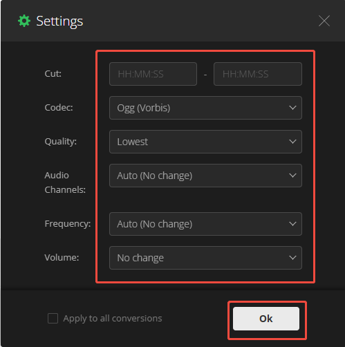 The Convertio settings window that shows how to configure the conversion settings