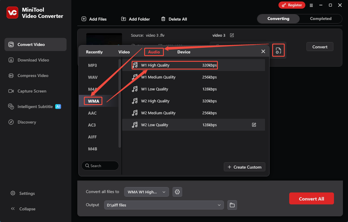 MiniTool Video Converter interface showing how to configure WMA as the output format.