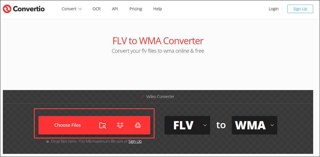 Convertio interface with the Choose File option selected.