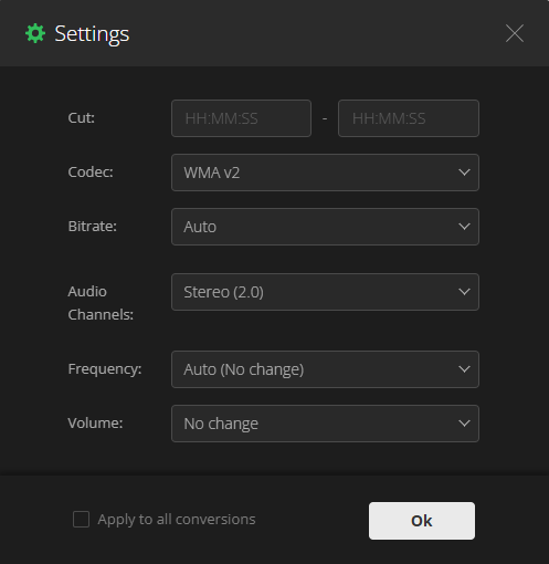 Convertio interface with the Settings window.