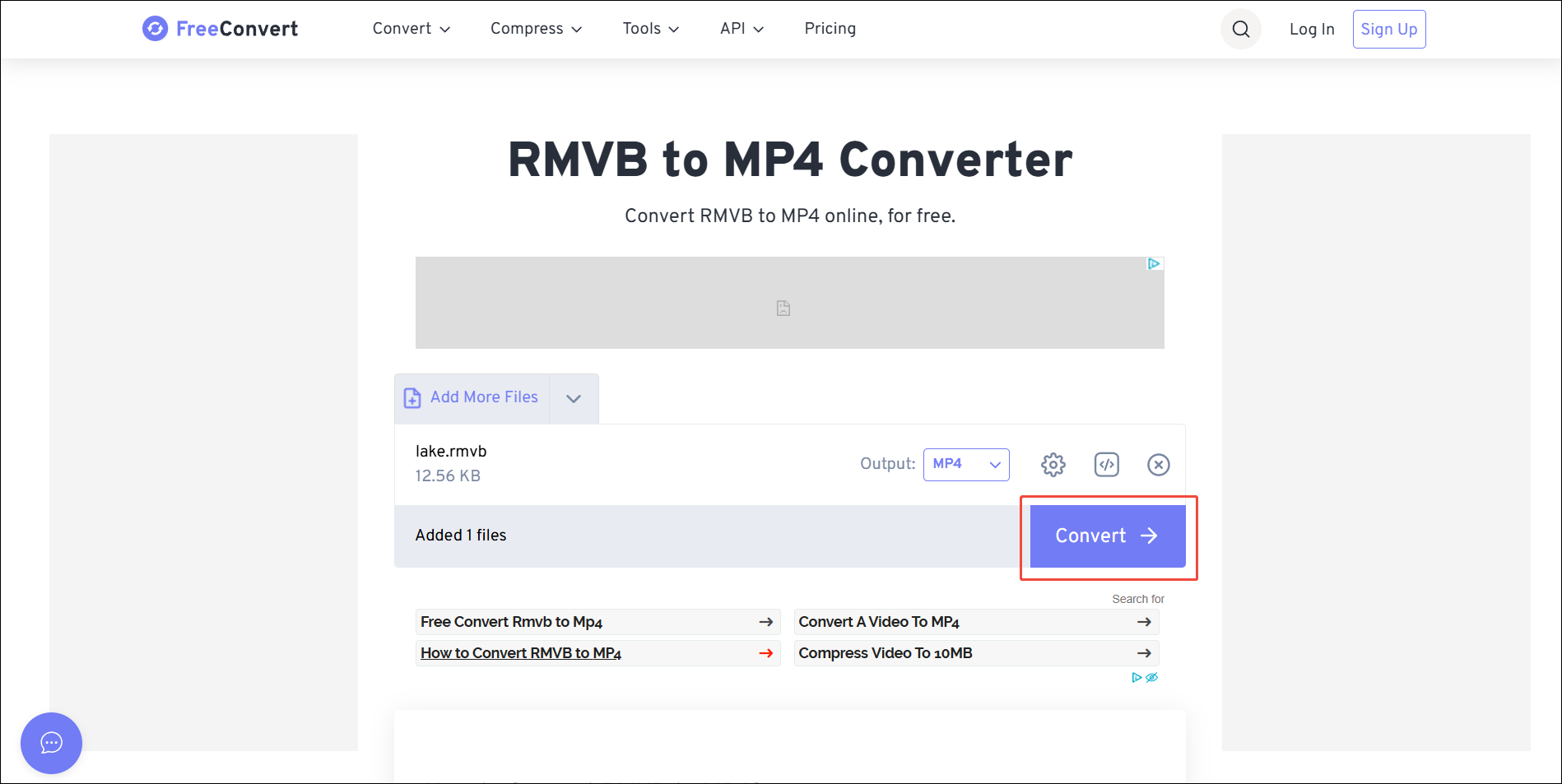 FreeConvert interface with the Convert button highlighted.