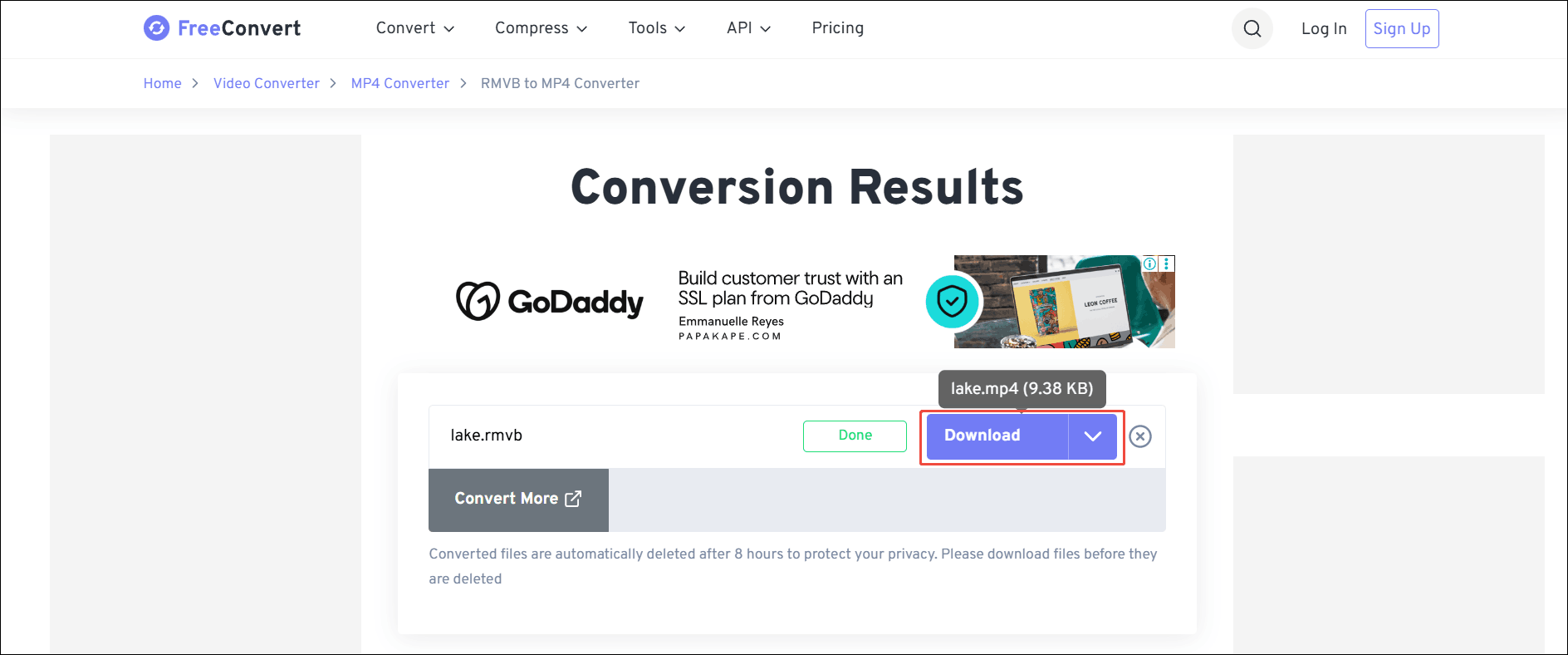 FreeConvert interface with the Download button selected.