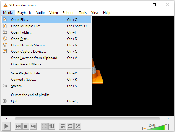 VLC Media Player interface with the Media menu expanded and the Open File option is highlighted.